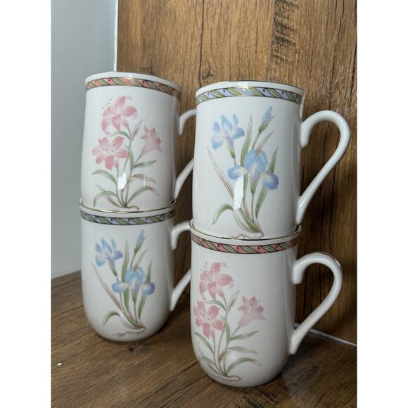4 Otagiri Design Wildflower Iris Pattern White Floral Coffee Mugs Tea Cup - Picture 1 of 3